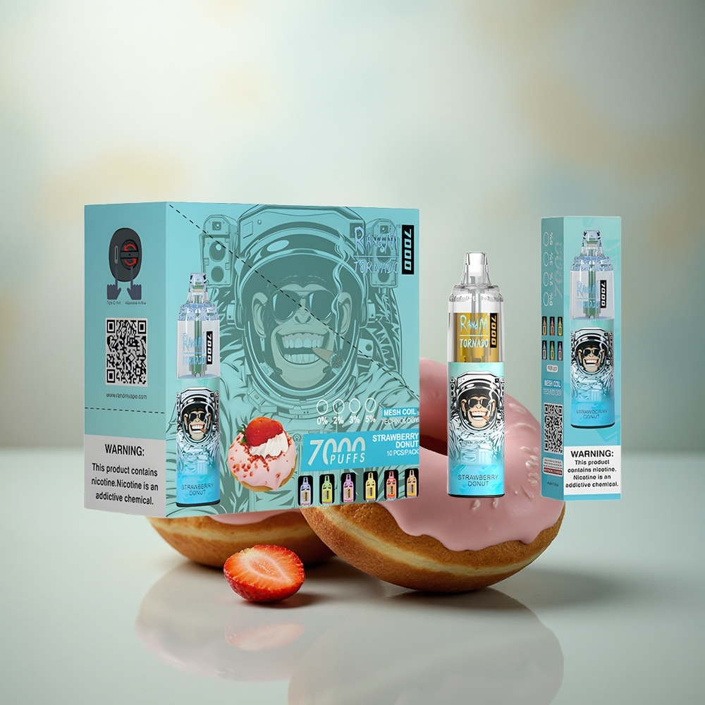 RandM Fumot Tornado 7000 Puffs Aardbei Donut Mesh Coil Type-C Port