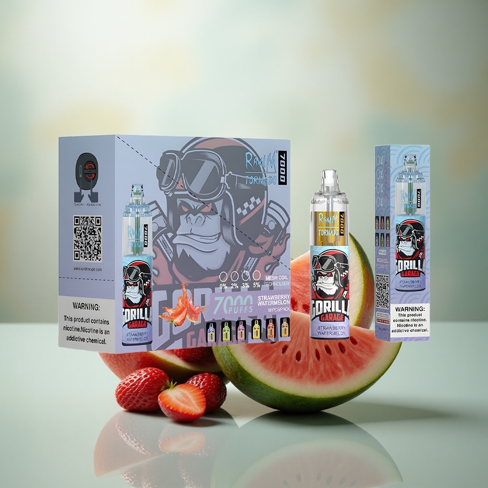 RandM Fumot Tornado 7000 Puffs Aardbei Watermeloen Mesh Coil Type-C RGB Licht
