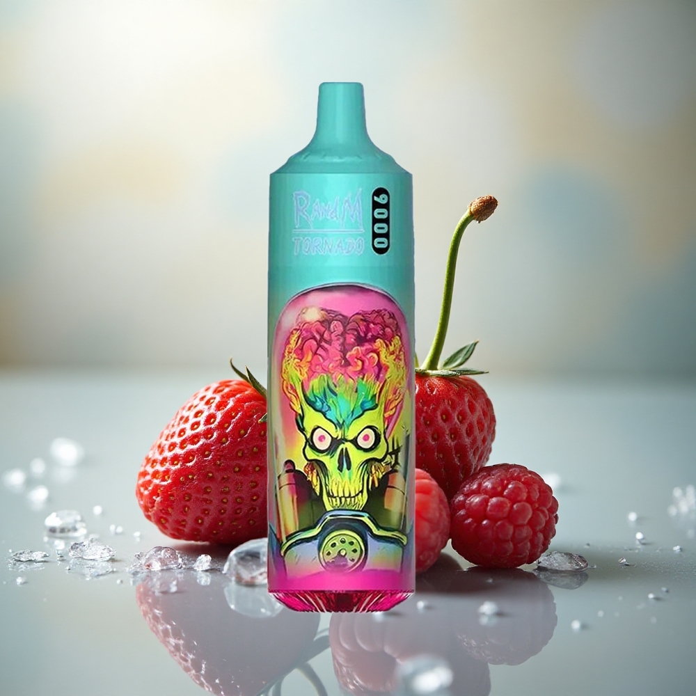 RandM Fumot Tornado 9000 Puffs Aardbei Framboos Kers IJs 850 mAh Mesh Coil RGB Display