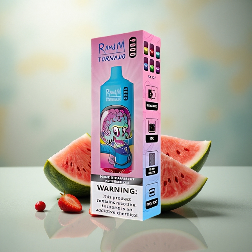RandM Fumot Tornado 9000 Puffs Aardbei Watermeloen 18 mL Mesh Coil RGB Display