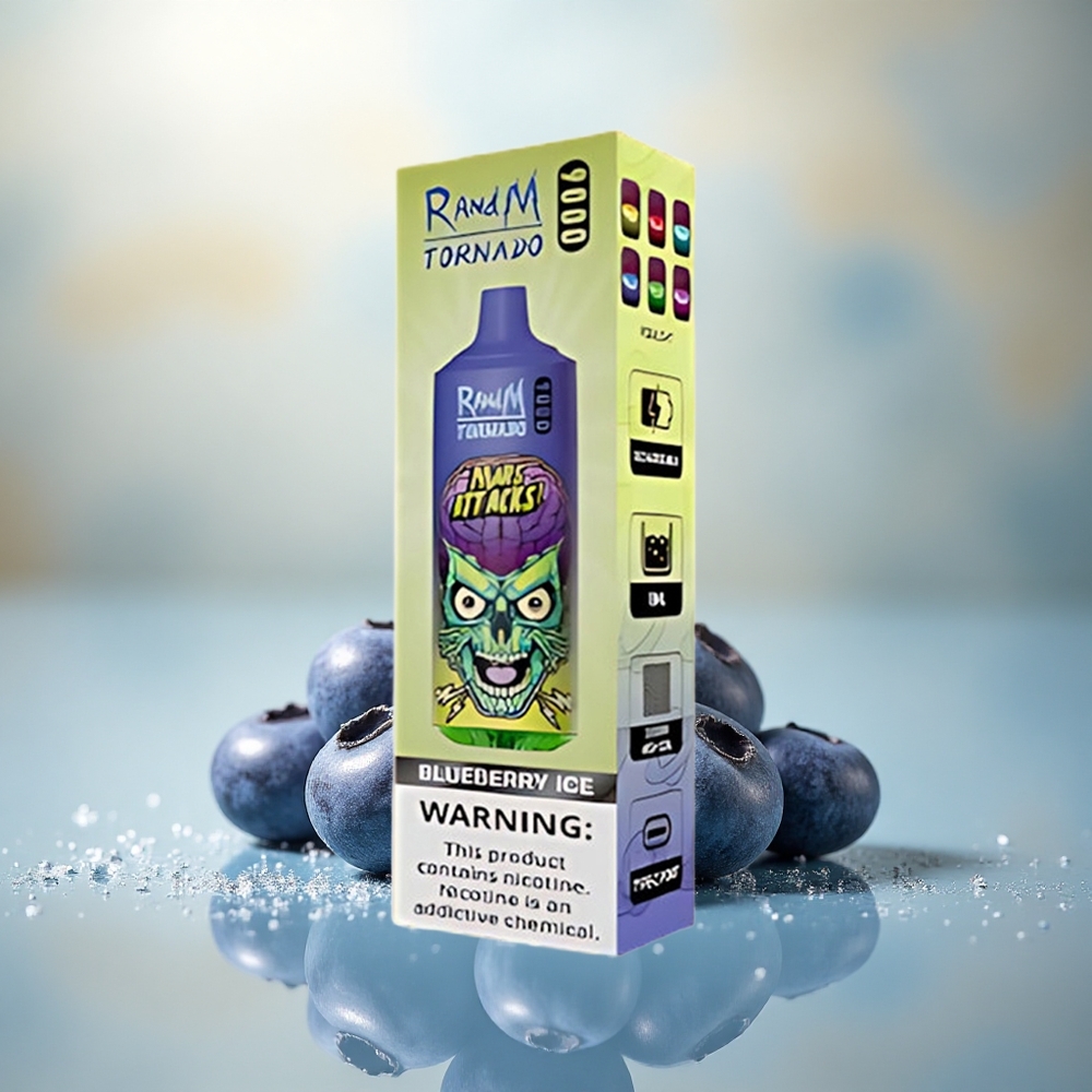 RandM Fumot Tornado 9000 Puffs Blauwe Bes IJs 850 mAh Mesh Coil RGB Display