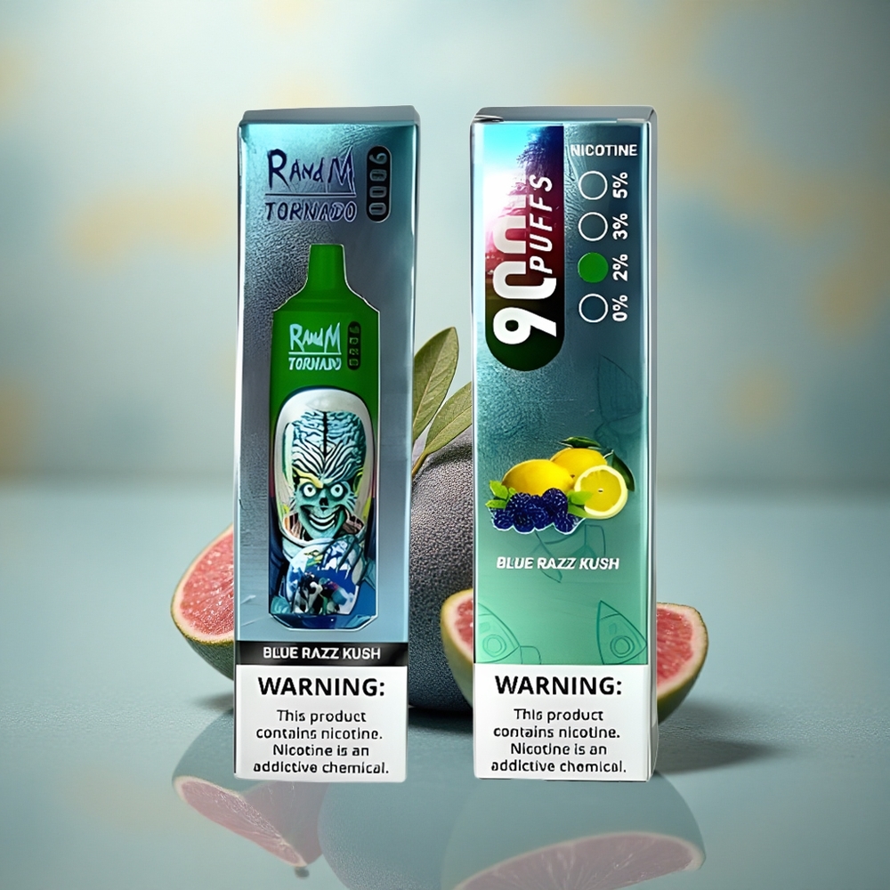RandM Fumot Tornado 9000 Puffs Blauwe Framboos Kush Mesh RGB