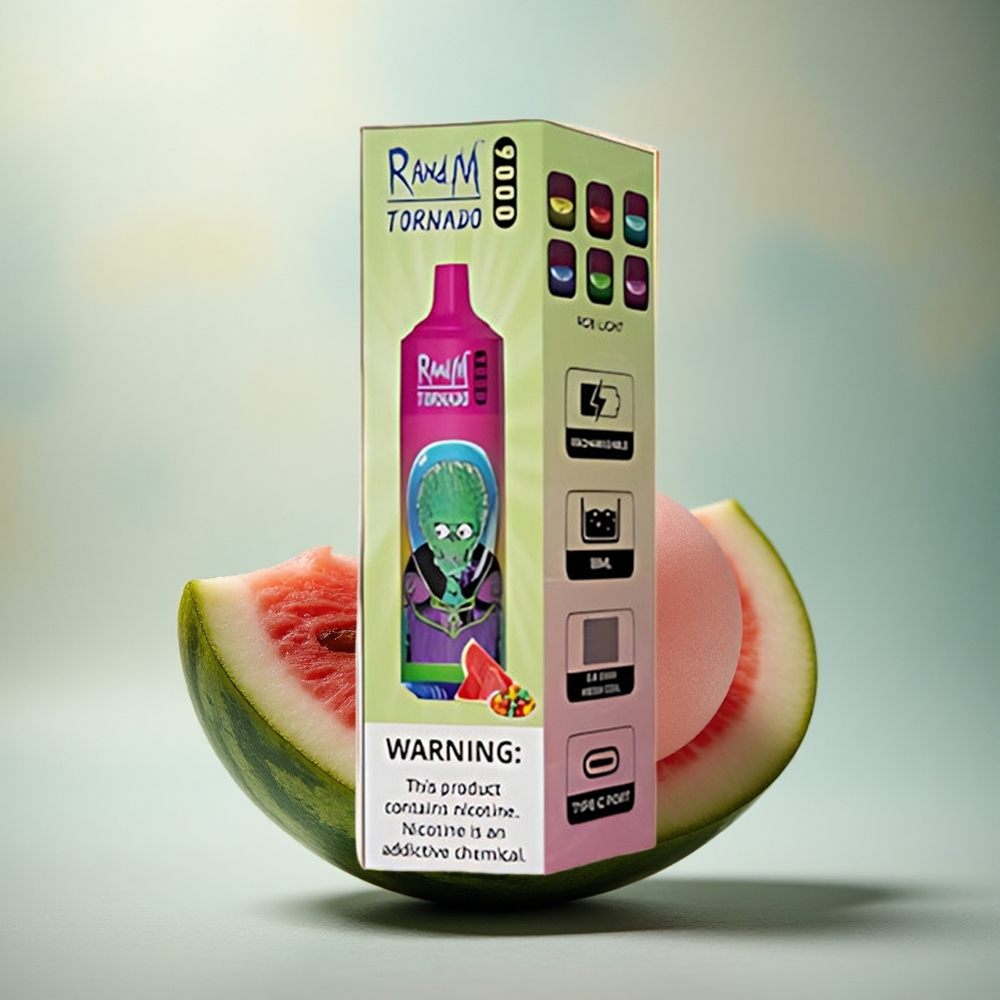 RandM Fumot Tornado 9000 Puffs Watermeloen Bubble Gum Mesh Coil RGB Display