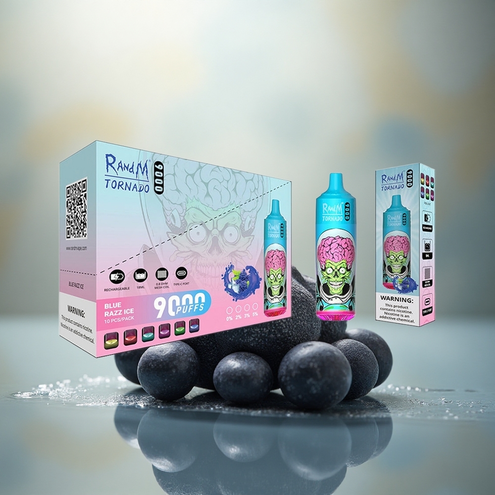 RandM Fumot Tornado 9000 Puffs Zwarte Draak IJs Mesh Coil RGB Scherm 850 mAh 18 mL